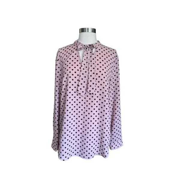 Adrianna Papell Pink & Black Polka Dot Blouse with Keyhole Tie sz L - Picture 3 of 5